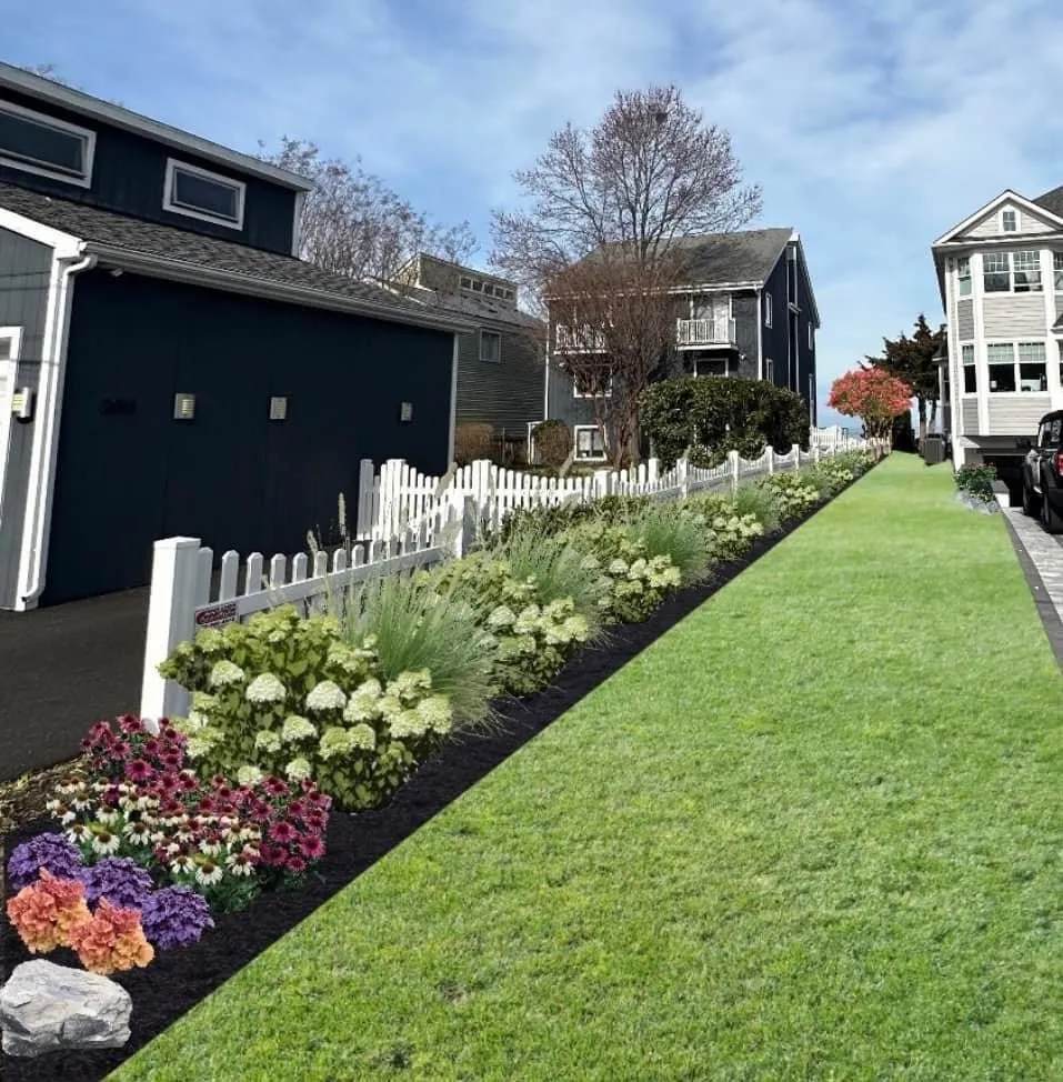 Side yard fence after landscape rendering with lush plantings